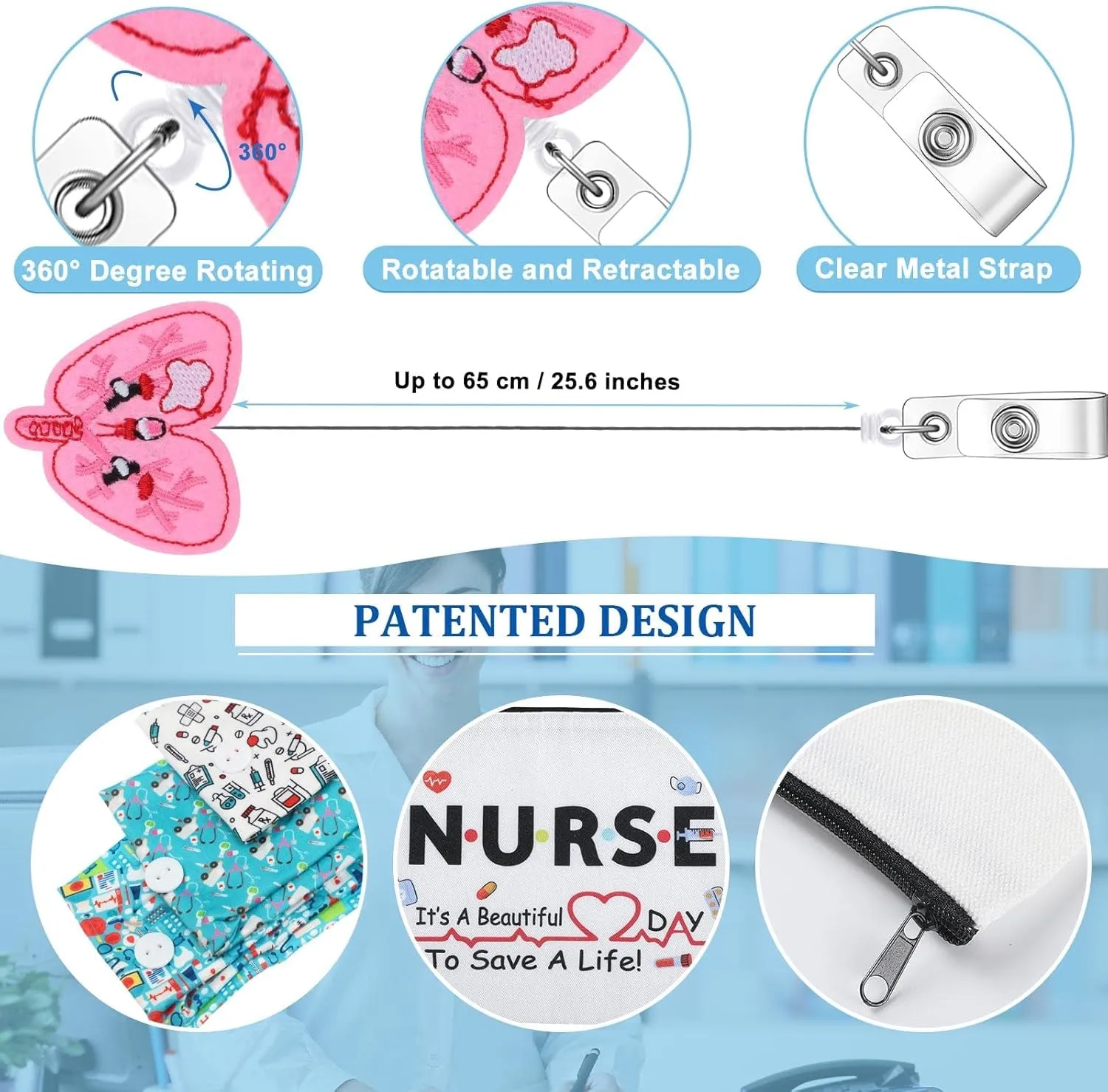 18 Pcs Christmas Nurse Gifts Survival Kit Nurse Gift for Women Xmas Nurse Appreciation Gifts 6 Nurse Cosmetic Bag 6 Nurse Badge Reel Retractable 6 Nursing Headbands with Buttons(Stylish Style)
