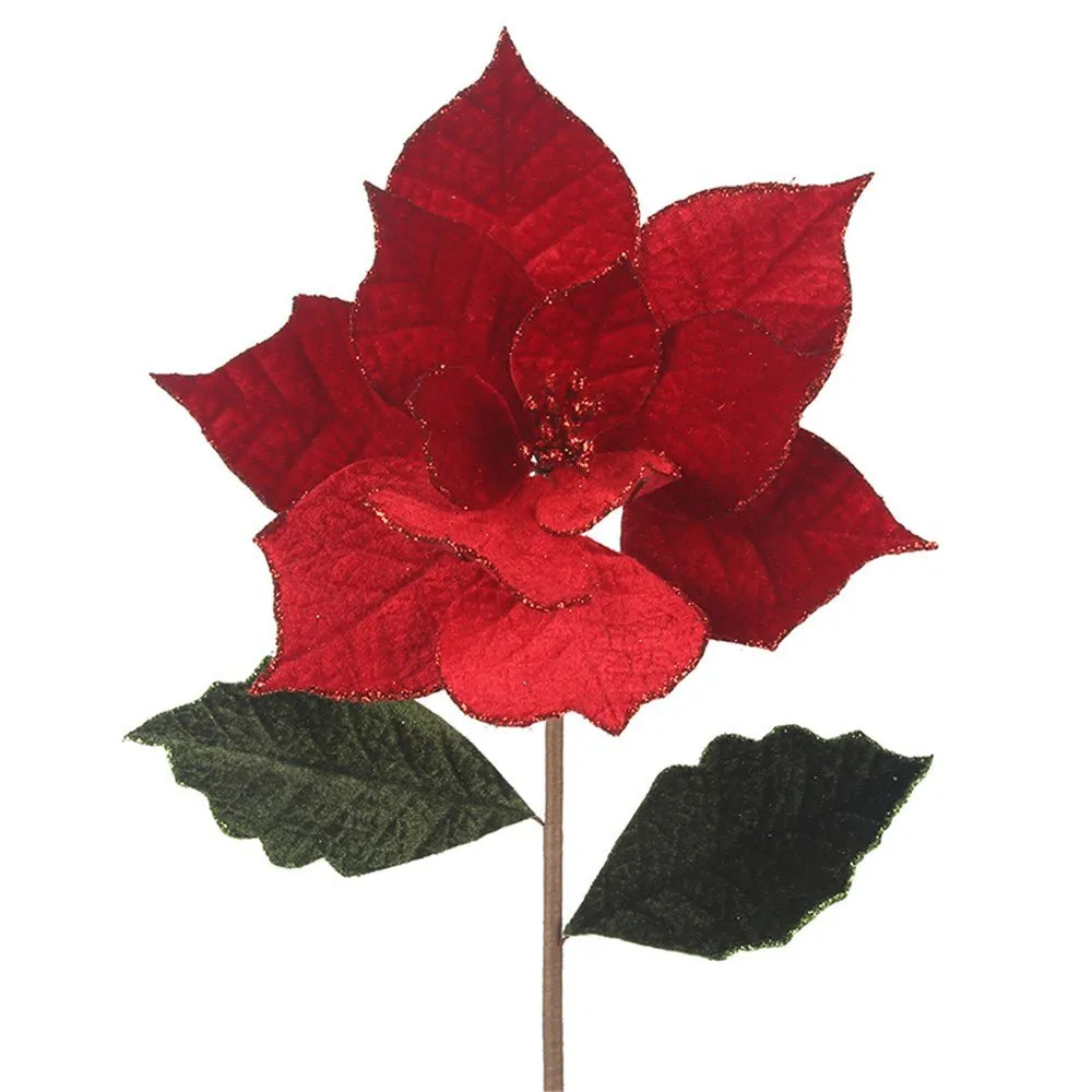 22cm Red Artificial Poinsettia with Leaves on Long Stem