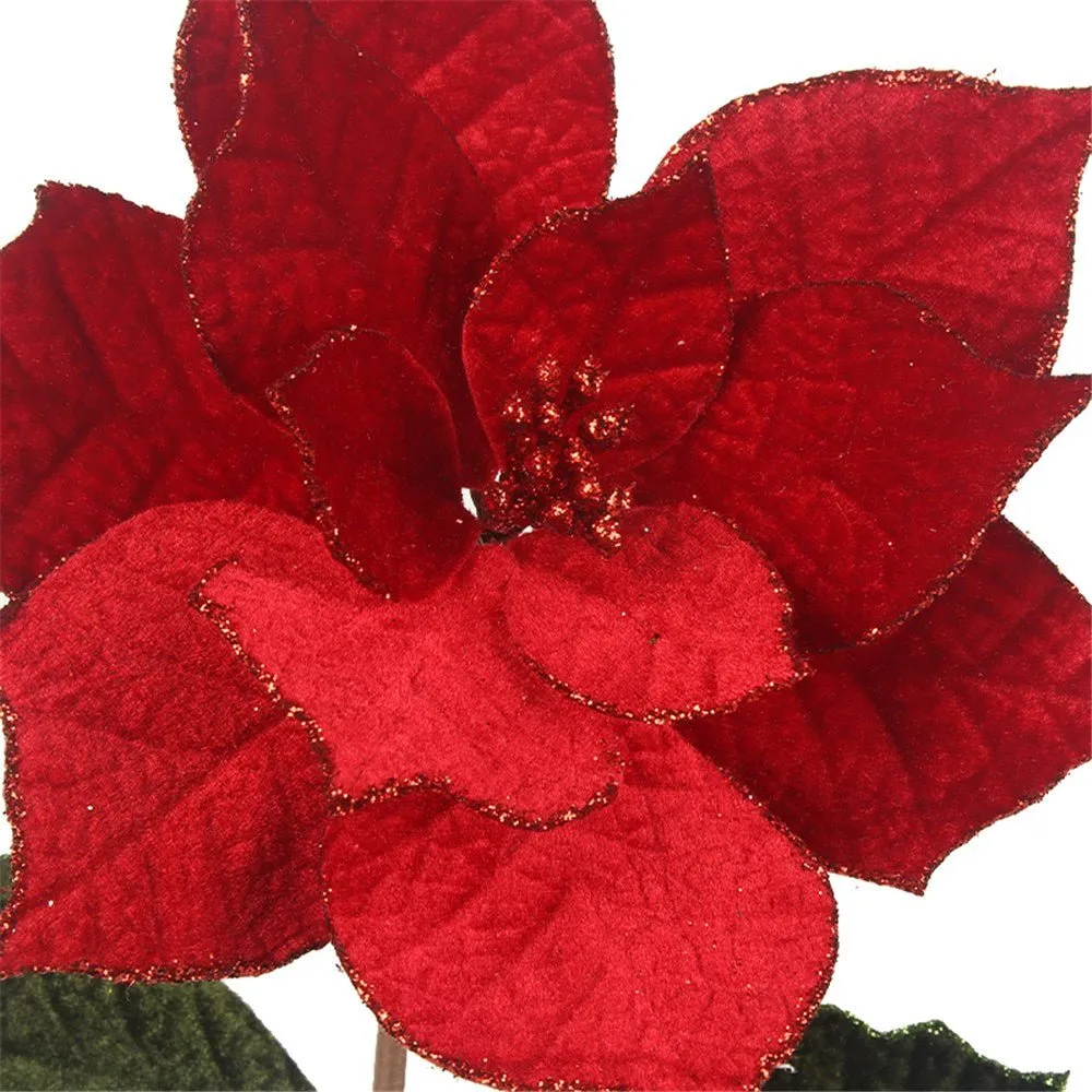 22cm Red Artificial Poinsettia with Leaves on Long Stem