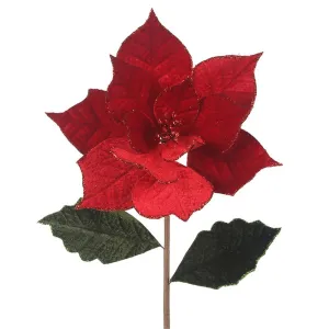 22cm Red Artificial Poinsettia with Leaves on Long Stem