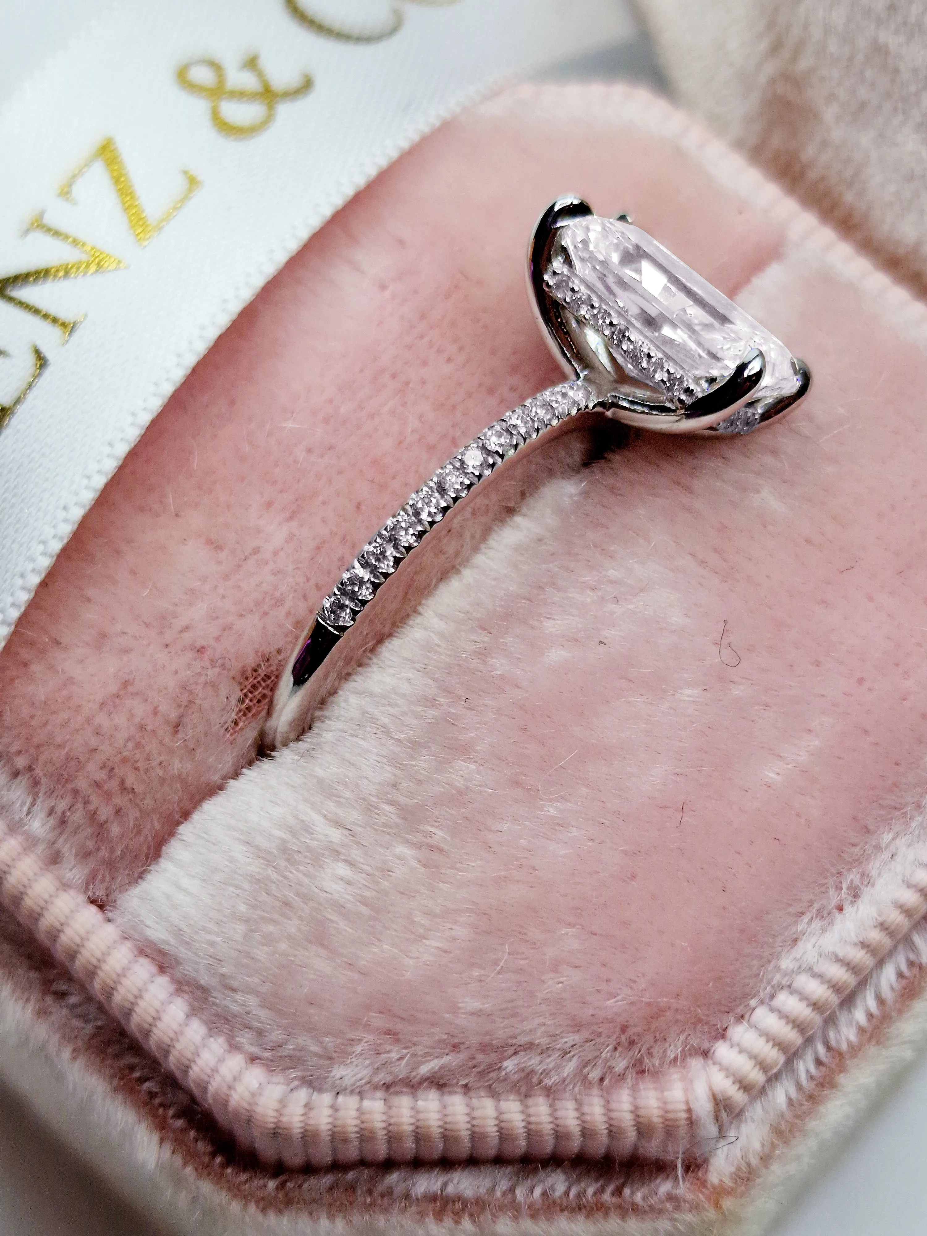 2.90 Carats Lab Grown Radiant Cut Micropaved Side Stones Hidden Halo Diamond Engagement Ring