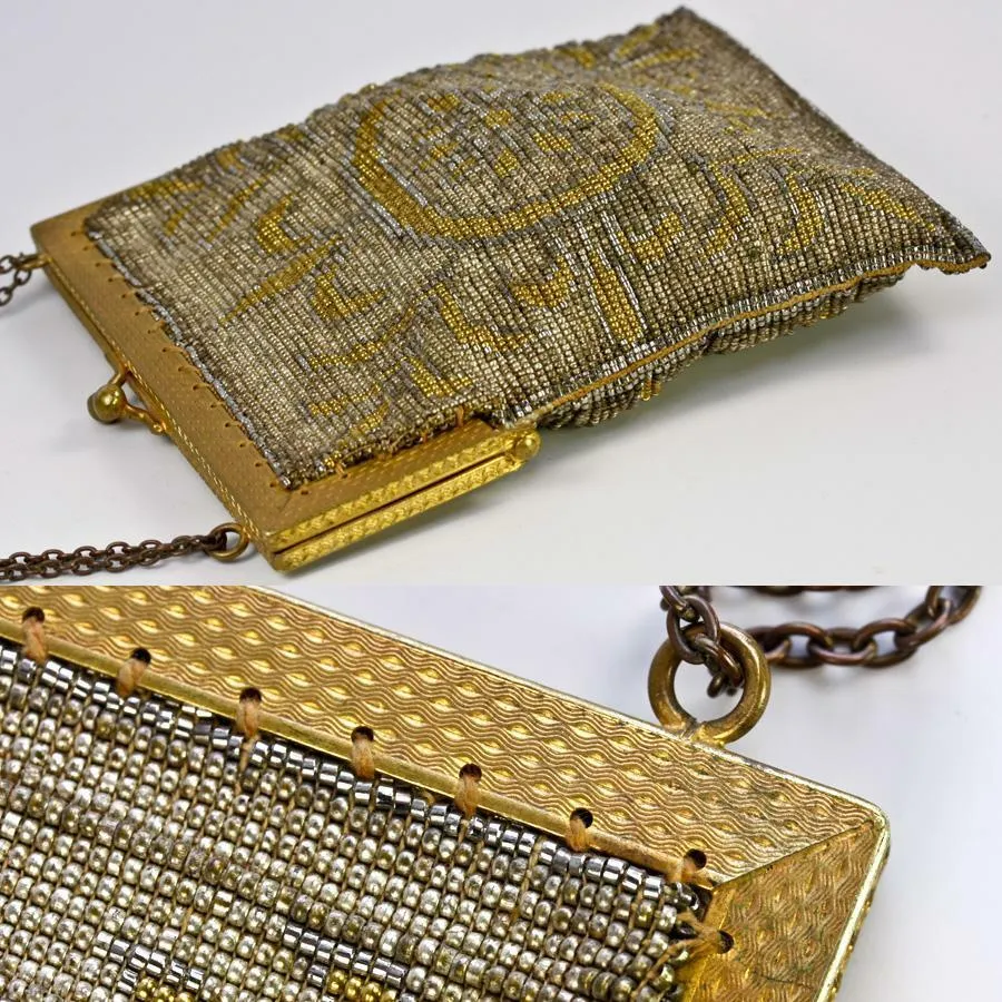 Antique French Made Heavy Metal Micro-Bead Beadwork Bag, Purse, c.1915
