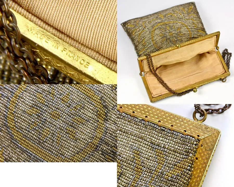 Antique French Made Heavy Metal Micro-Bead Beadwork Bag, Purse, c.1915