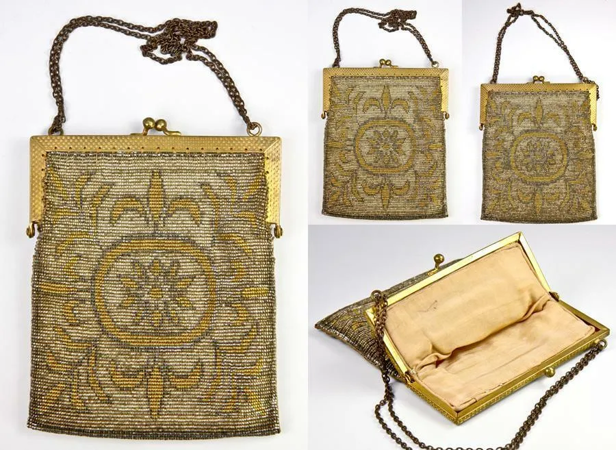 Antique French Made Heavy Metal Micro-Bead Beadwork Bag, Purse, c.1915
