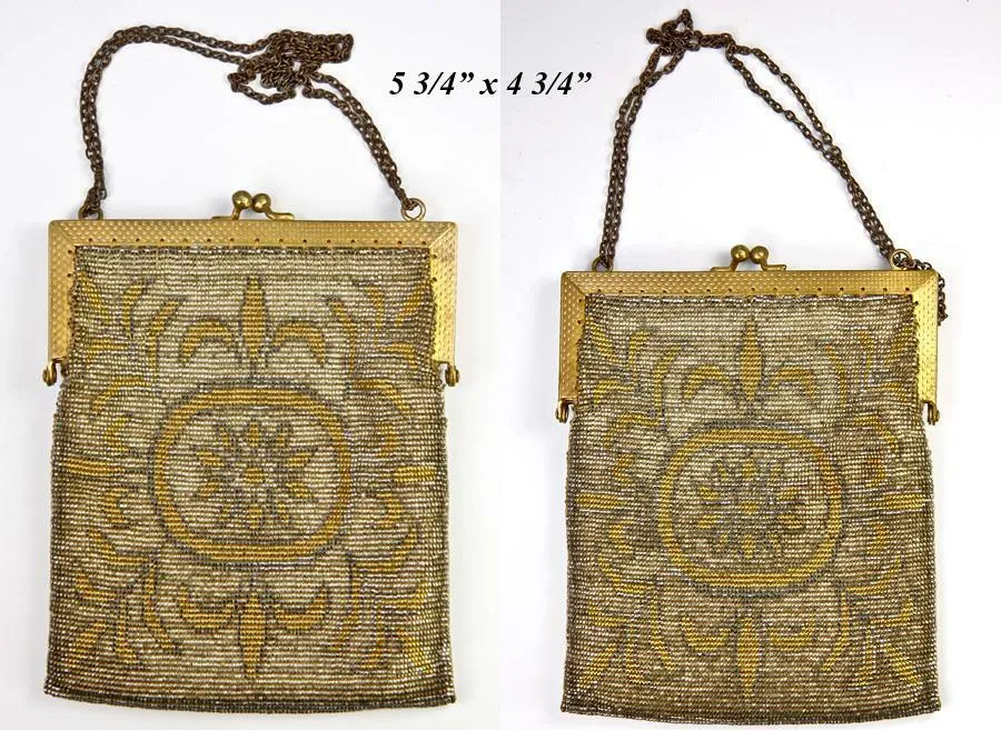 Antique French Made Heavy Metal Micro-Bead Beadwork Bag, Purse, c.1915