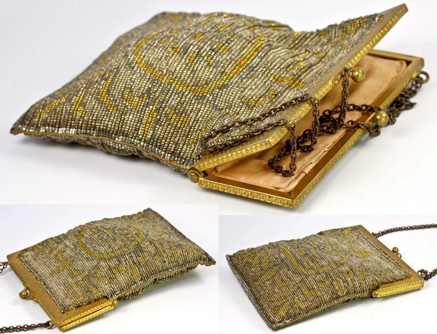 Antique French Made Heavy Metal Micro-Bead Beadwork Bag, Purse, c.1915