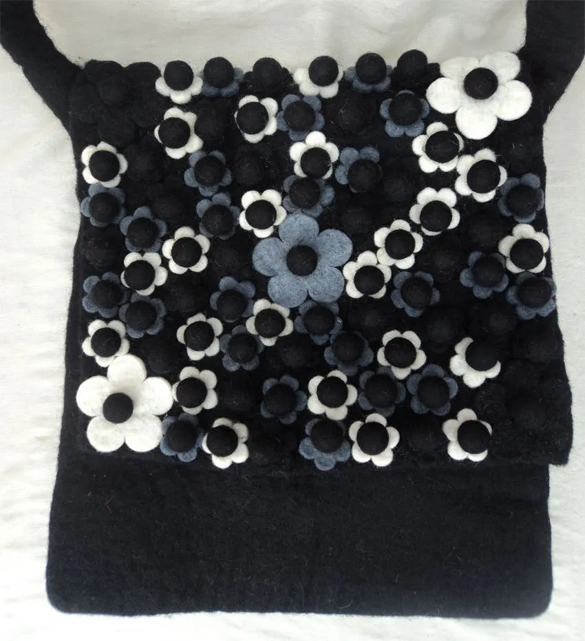 Black Flower Felt Shoulder Bag