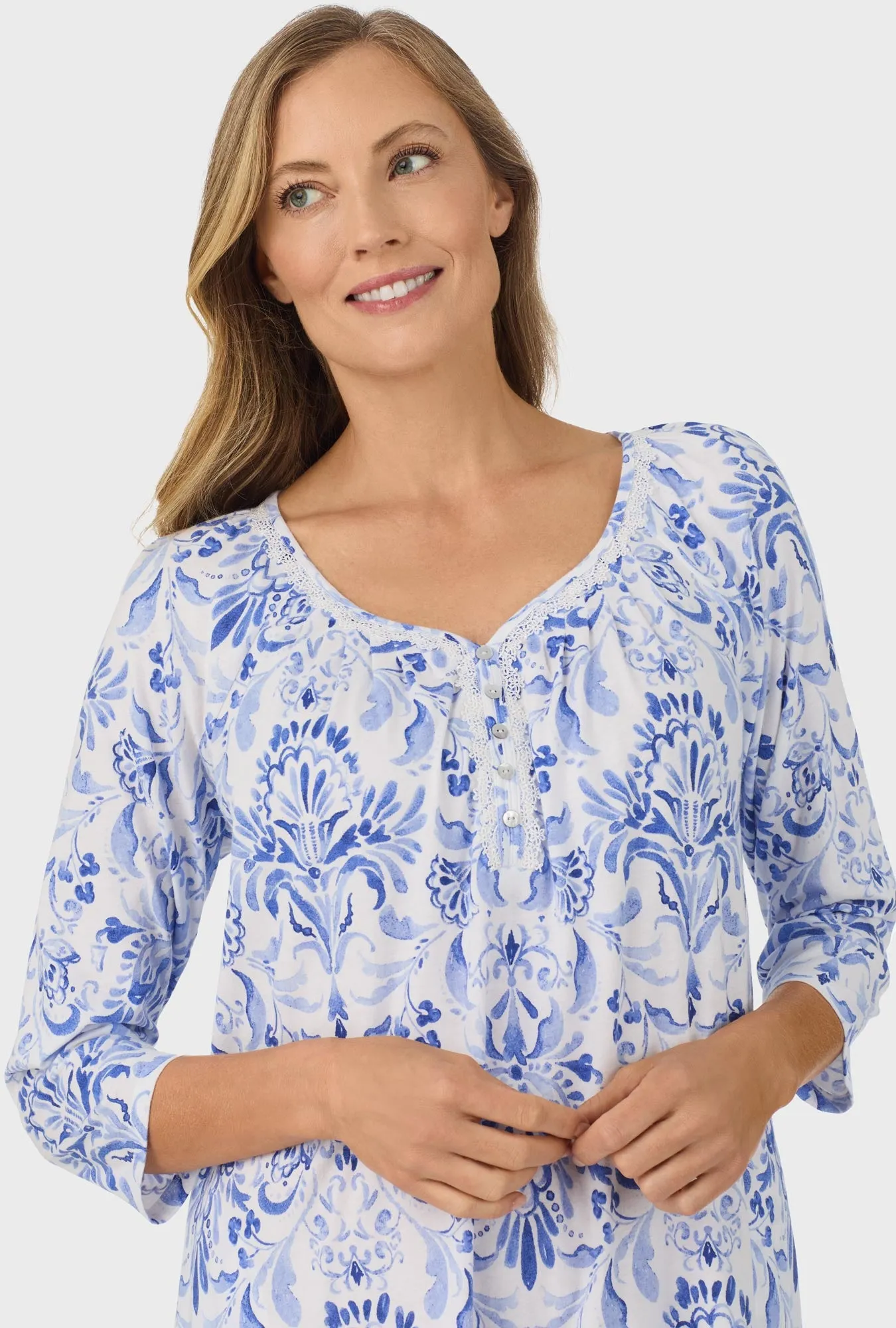 Blue Damask 3/4 Sleeve Nightgown