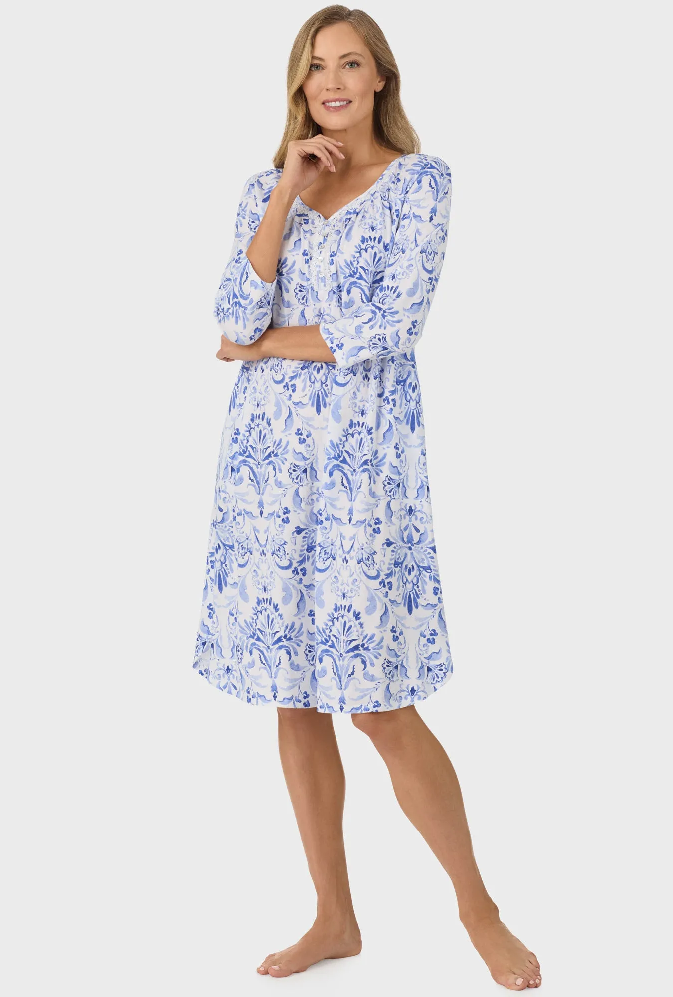 Blue Damask 3/4 Sleeve Nightgown