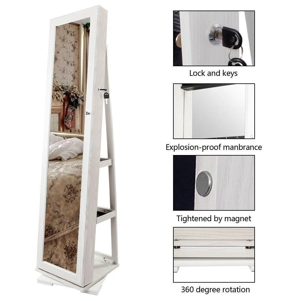 Bonnlo Cheval Jewelry Armoire 360 Degree Rotary Swivel Mirrored Cabinet,w/ 63" H Full Length Mirror Lockable Decorate Closet Makeup Organizer,Floor Bedroom Solid Freestanding,New Year Gift