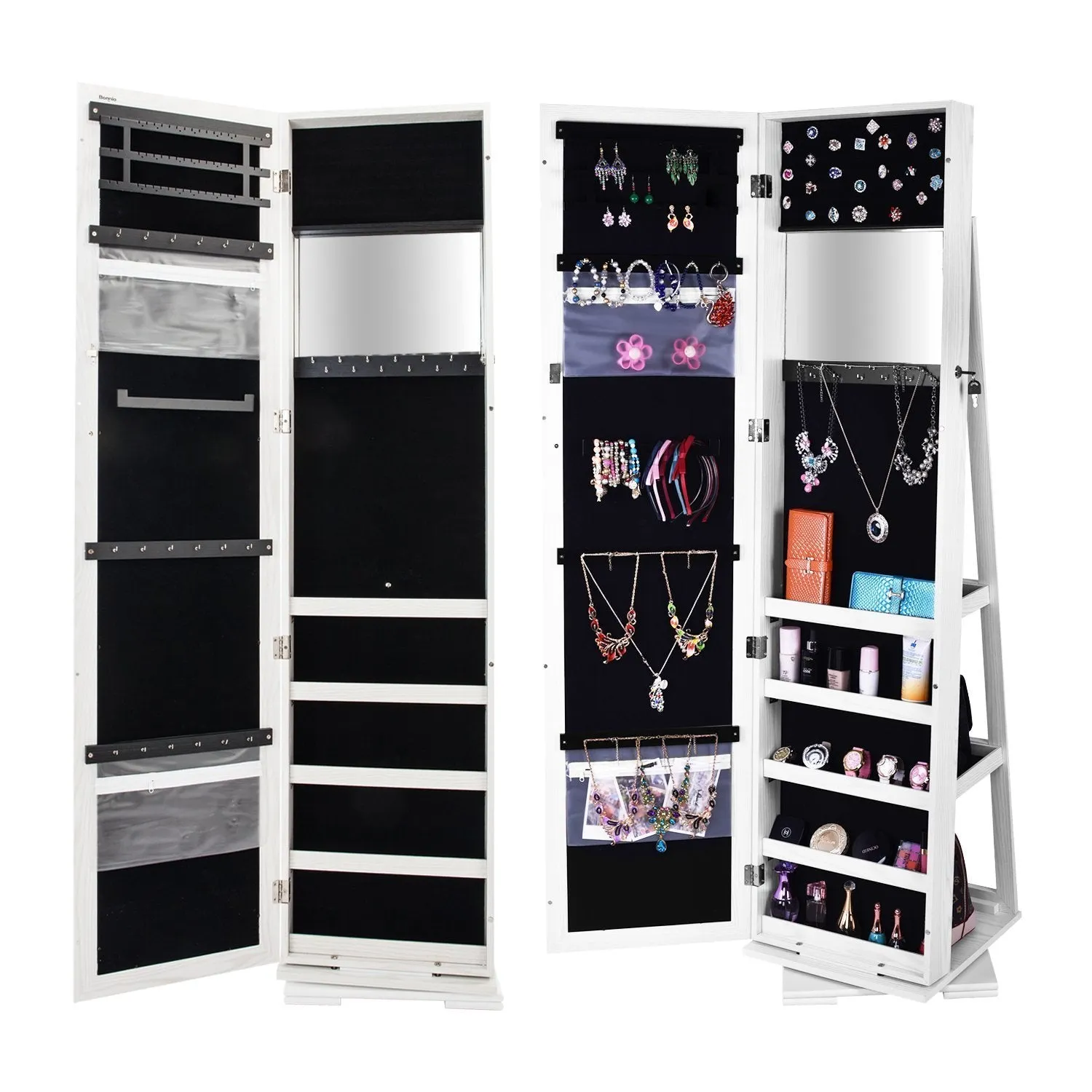 Bonnlo Cheval Jewelry Armoire 360 Degree Rotary Swivel Mirrored Cabinet,w/ 63" H Full Length Mirror Lockable Decorate Closet Makeup Organizer,Floor Bedroom Solid Freestanding,New Year Gift