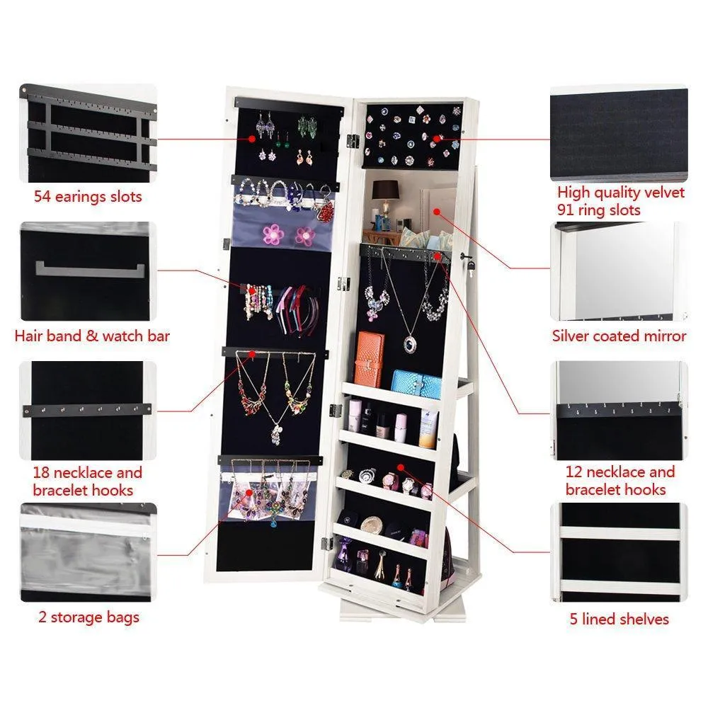 Bonnlo Cheval Jewelry Armoire 360 Degree Rotary Swivel Mirrored Cabinet,w/ 63" H Full Length Mirror Lockable Decorate Closet Makeup Organizer,Floor Bedroom Solid Freestanding,New Year Gift