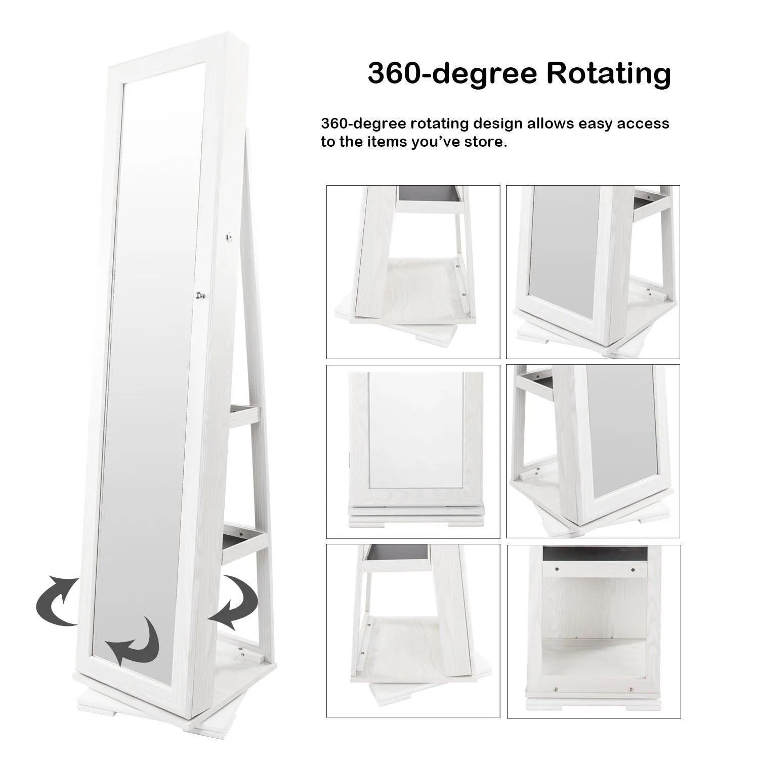 Bonnlo Cheval Jewelry Armoire 360 Degree Rotary Swivel Mirrored Cabinet,w/ 63" H Full Length Mirror Lockable Decorate Closet Makeup Organizer,Floor Bedroom Solid Freestanding,New Year Gift