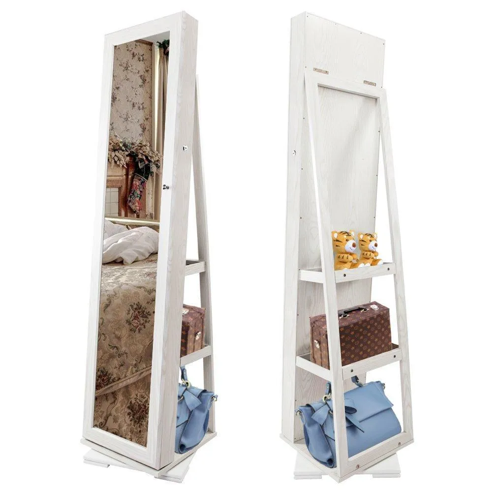 Bonnlo Cheval Jewelry Armoire 360 Degree Rotary Swivel Mirrored Cabinet,w/ 63" H Full Length Mirror Lockable Decorate Closet Makeup Organizer,Floor Bedroom Solid Freestanding,New Year Gift