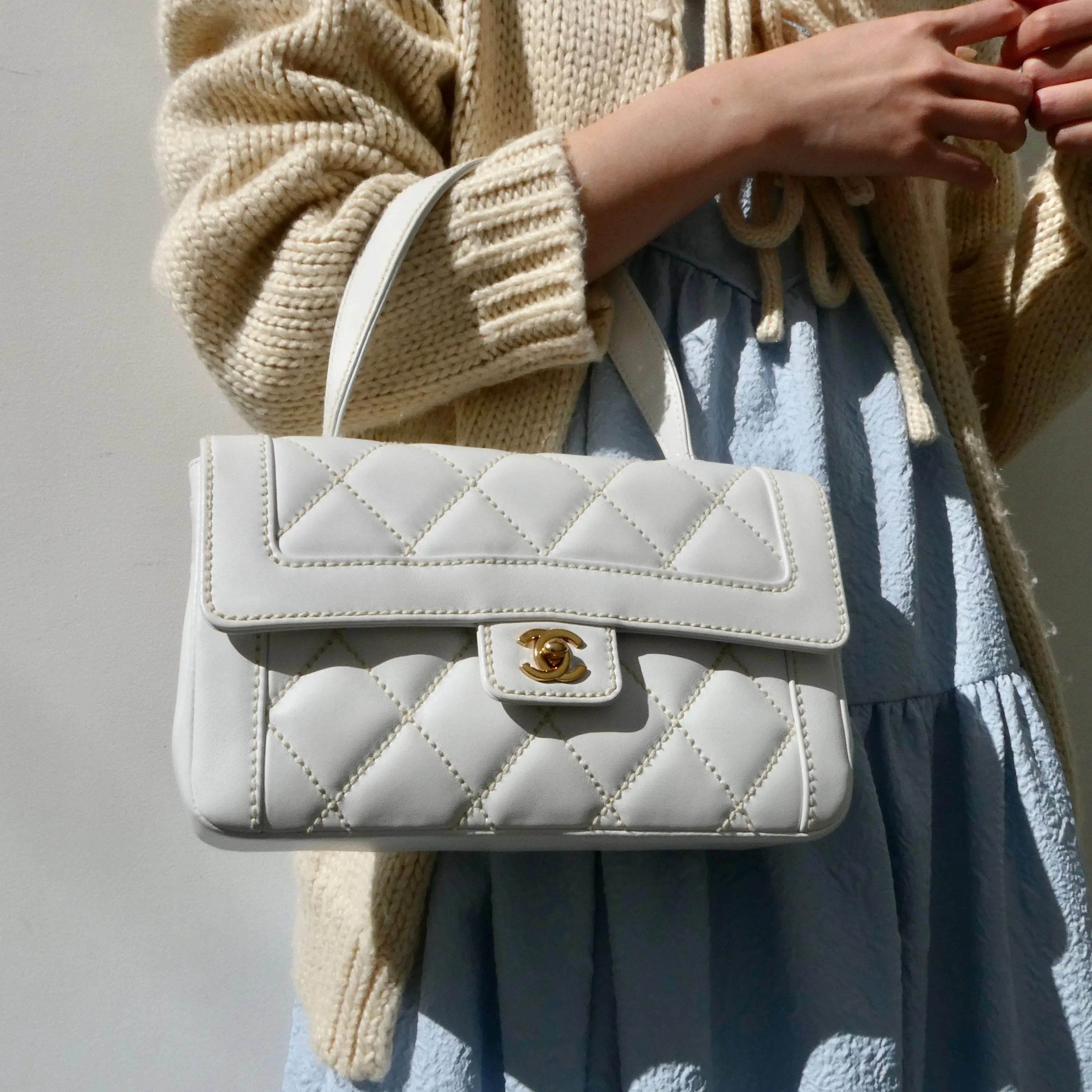 CHANEL 2004-2005 Wild Stitch Handbag Medium White Calfskin 47807