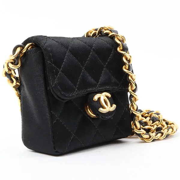 Chanel Around 1990 Made Silk Satin Cc Mark Plate Micro Chain Bag Black