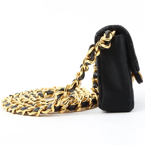 Chanel Around 1990 Made Silk Satin Cc Mark Plate Micro Chain Bag Black