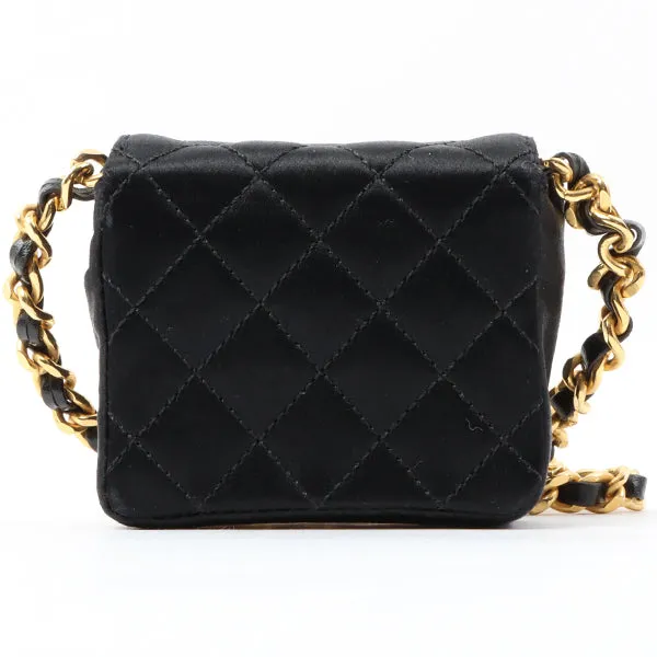 Chanel Around 1990 Made Silk Satin Cc Mark Plate Micro Chain Bag Black