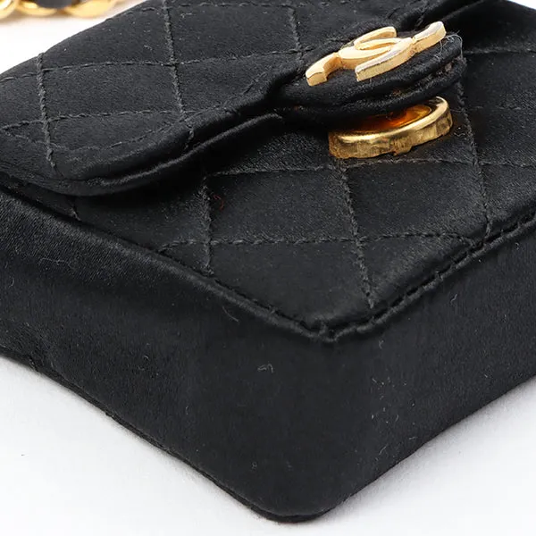 Chanel Around 1990 Made Silk Satin Cc Mark Plate Micro Chain Bag Black