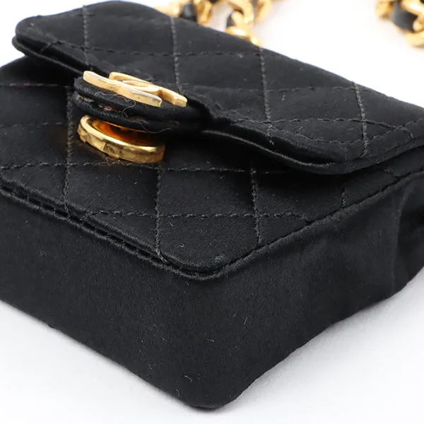 Chanel Around 1990 Made Silk Satin Cc Mark Plate Micro Chain Bag Black