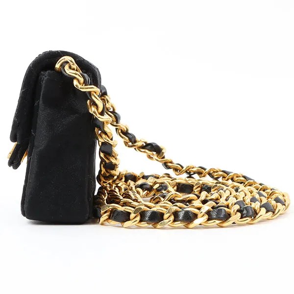 Chanel Around 1990 Made Silk Satin Cc Mark Plate Micro Chain Bag Black
