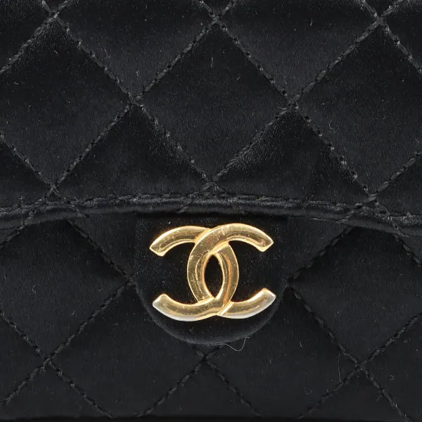 Chanel Around 1990 Made Silk Satin Cc Mark Plate Micro Chain Bag Black