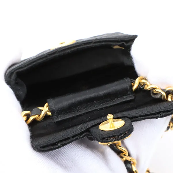 Chanel Around 1990 Made Silk Satin Cc Mark Plate Micro Chain Bag Black
