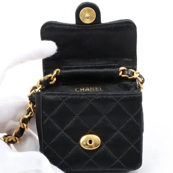 Chanel Around 1990 Made Silk Satin Cc Mark Plate Micro Chain Bag Black