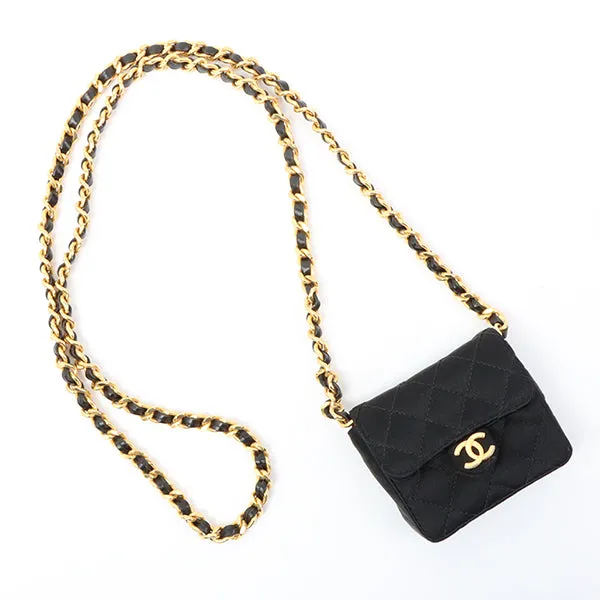 Chanel Around 1990 Made Silk Satin Cc Mark Plate Micro Chain Bag Black