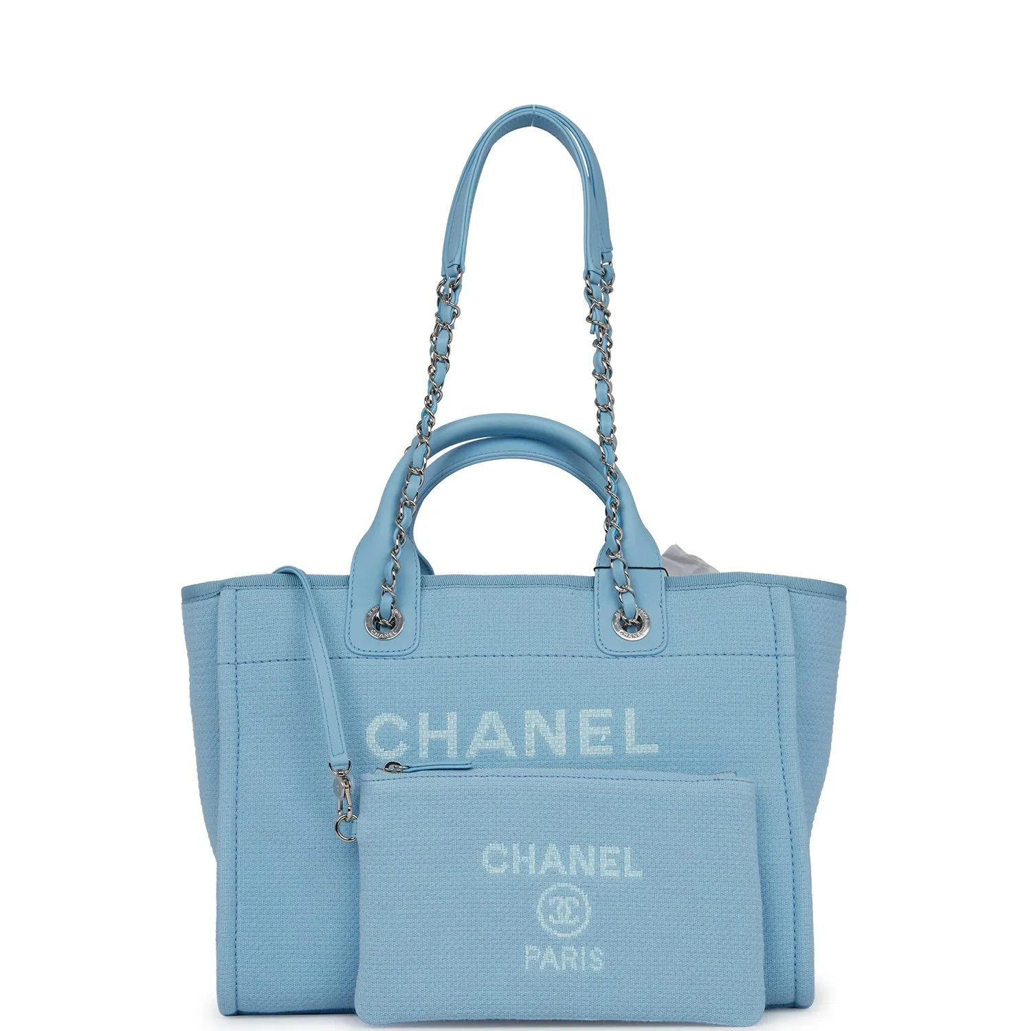 Chanel Small Deauville Shopping Bag Blue Boucle Silver Hardware