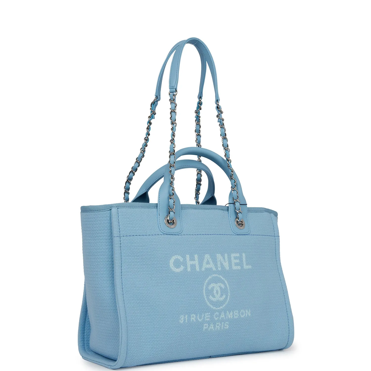 Chanel Small Deauville Shopping Bag Blue Boucle Silver Hardware