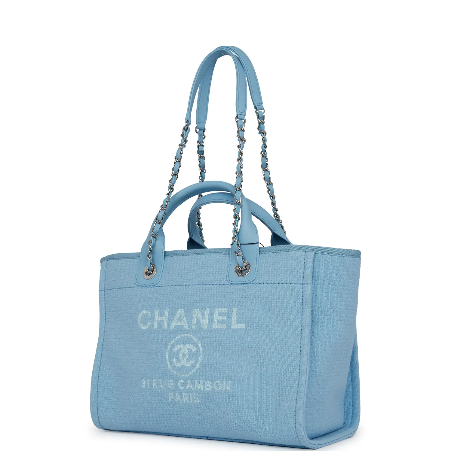 Chanel Small Deauville Shopping Bag Blue Boucle Silver Hardware