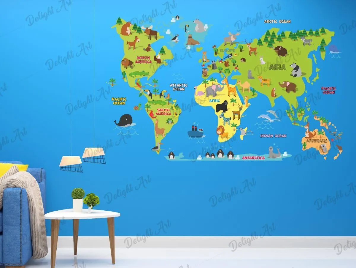 Delight Art World Animal Maps Design Wall Sticker Size - (72 * 44) cm