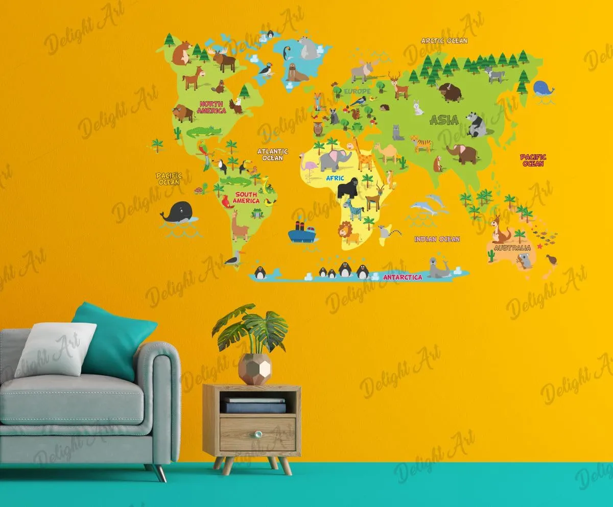 Delight Art World Animal Maps Design Wall Sticker Size - (72 * 44) cm