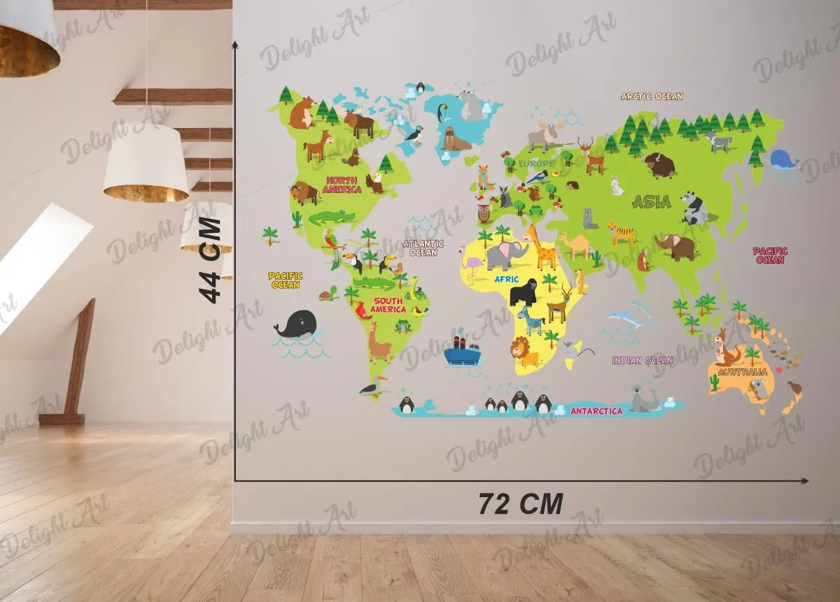 Delight Art World Animal Maps Design Wall Sticker Size - (72 * 44) cm