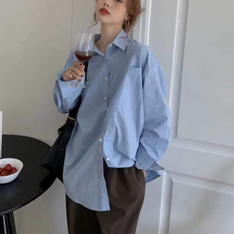 Designed Women Long Shirt Oversize Blue Long Sleeve Korean Loose Ladies Casual Blue Shirt Fashion Button Up Female Tops