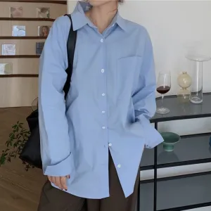 Designed Women Long Shirt Oversize Blue Long Sleeve Korean Loose Ladies Casual Blue Shirt Fashion Button Up Female Tops