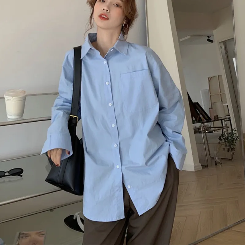 Designed Women Long Shirt Oversize Blue Long Sleeve Korean Loose Ladies Casual Blue Shirt Fashion Button Up Female Tops