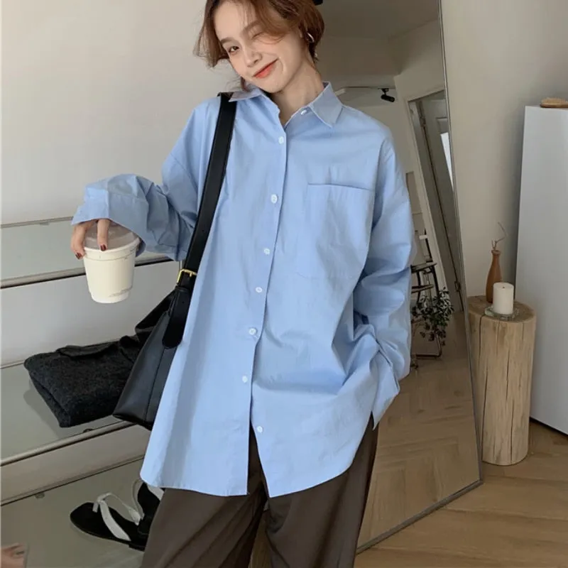 Designed Women Long Shirt Oversize Blue Long Sleeve Korean Loose Ladies Casual Blue Shirt Fashion Button Up Female Tops