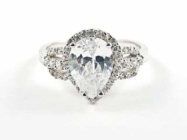 Elegant Center Tear Drop With CZ Frame CZ Sides Silver Ring
