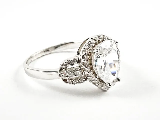 Elegant Center Tear Drop With CZ Frame CZ Sides Silver Ring