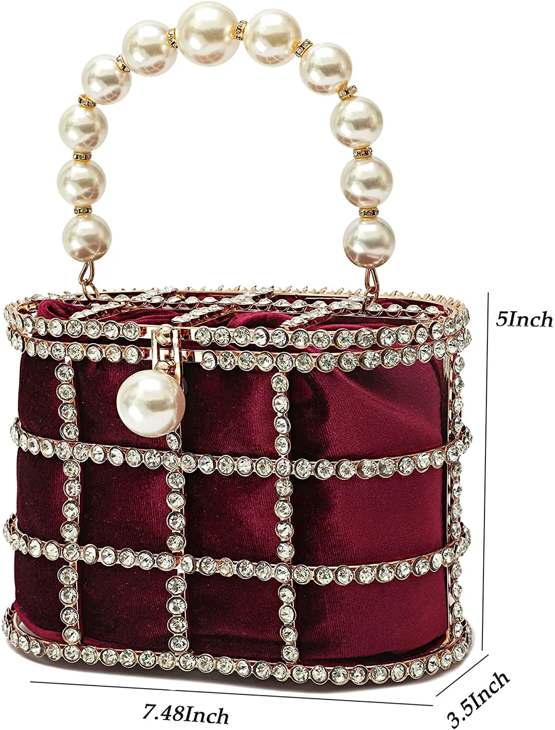 Evening Handbag Maroon Clutch Purses with Pearl Diamonds
