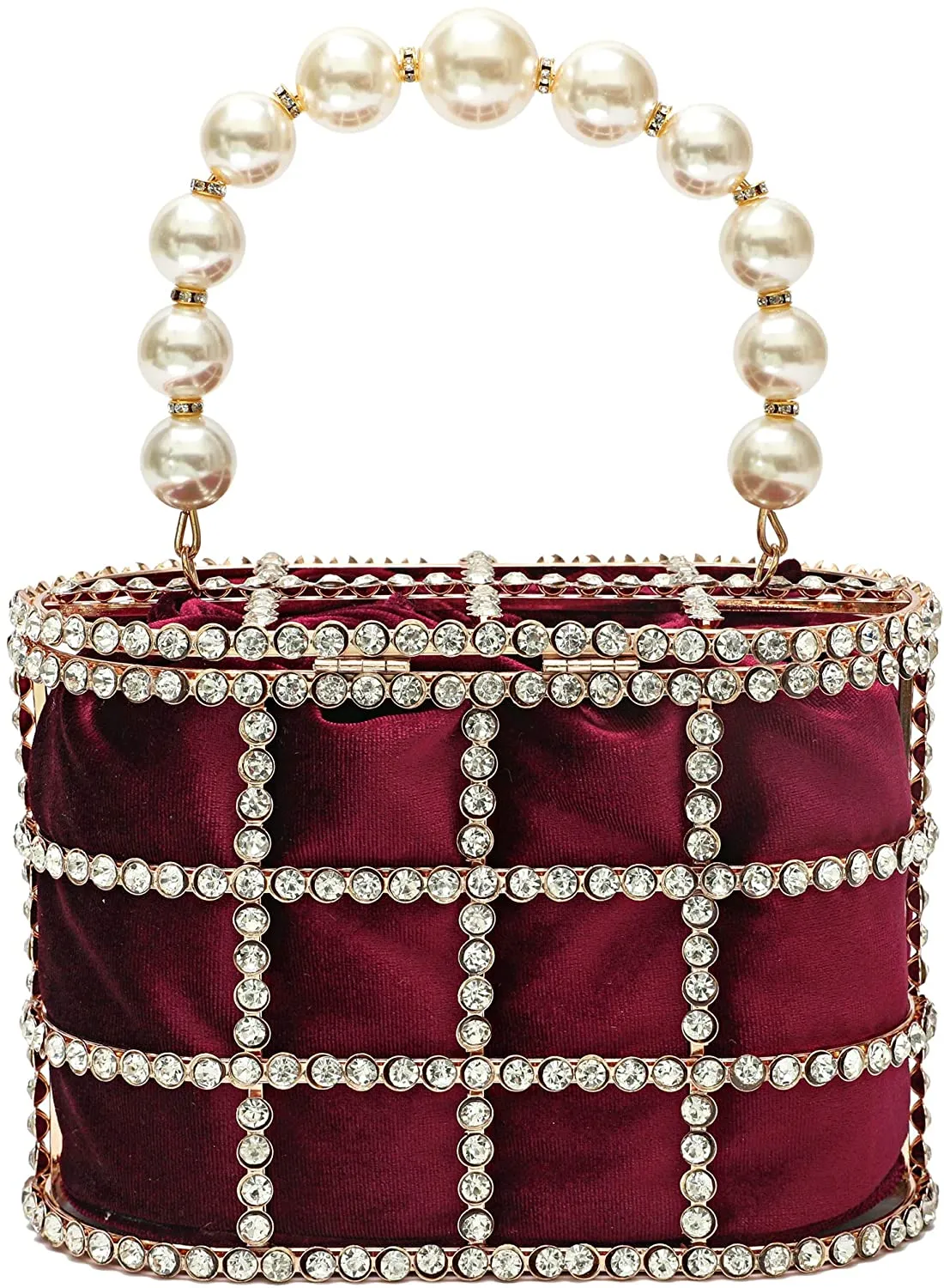 Evening Handbag Maroon Clutch Purses with Pearl Diamonds