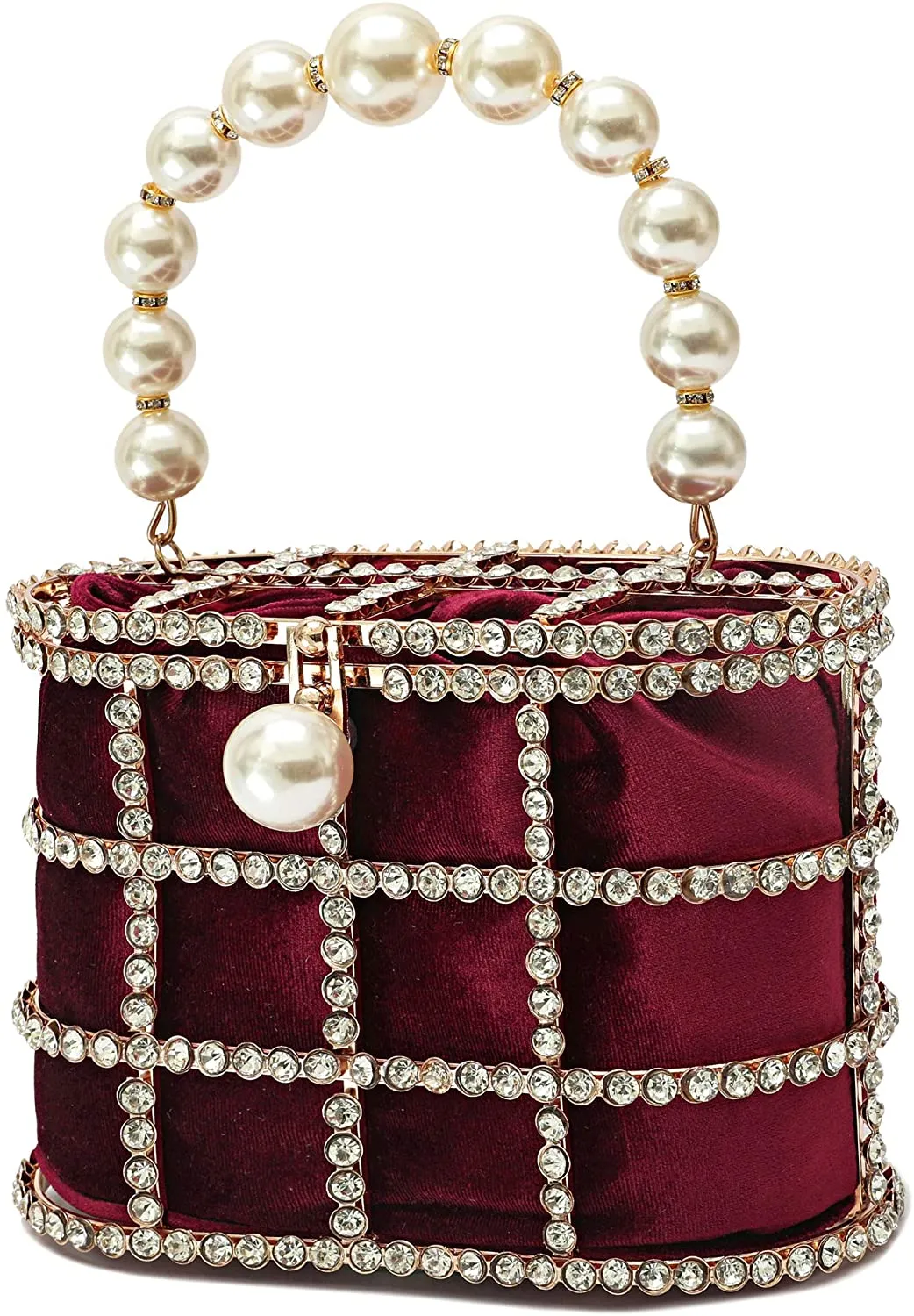 Evening Handbag Maroon Clutch Purses with Pearl Diamonds