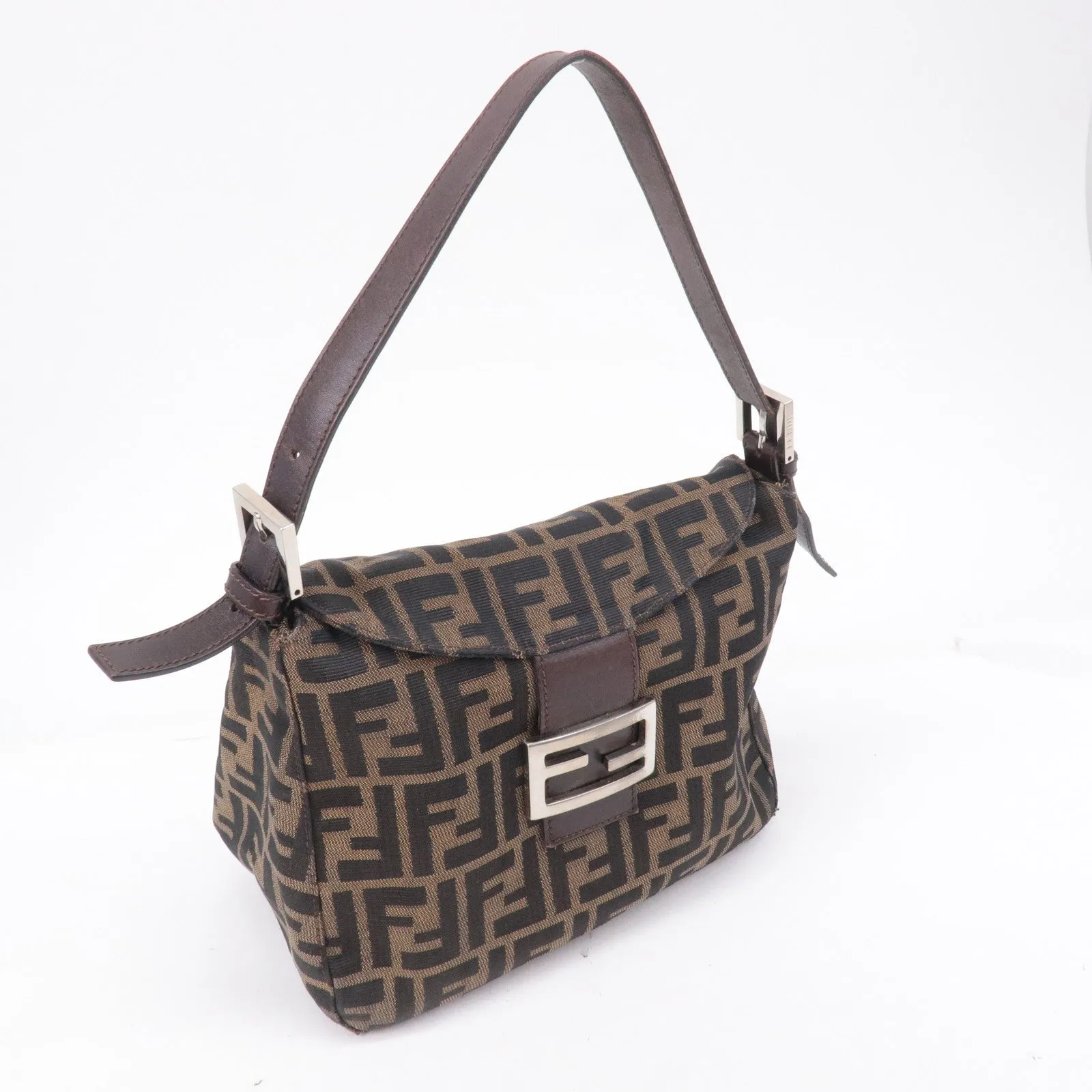 FENDI Zucca Canvas Leather Shoulder Bag Brown Black 26426
