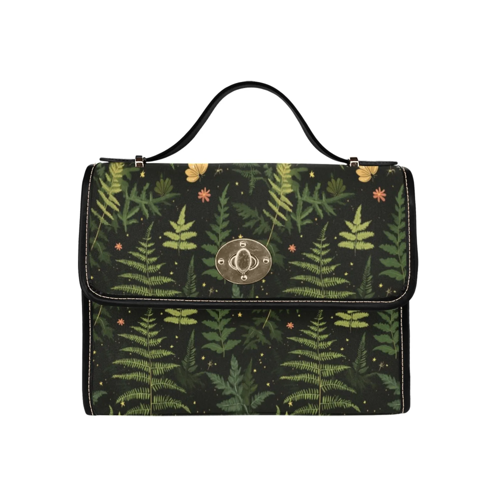 Fern Forest Canvas Satchel bag, Boho Vintage Cottagecore Nature Waterproof Black Women Ladies Crossbody Purse Vegan Leather Strap Handbag