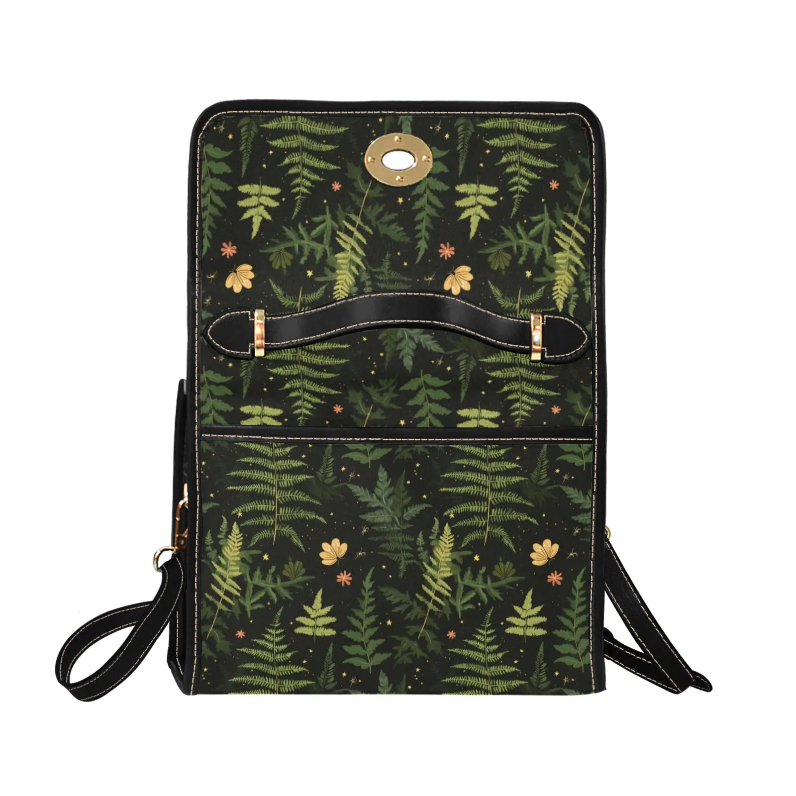 Fern Forest Canvas Satchel bag, Boho Vintage Cottagecore Nature Waterproof Black Women Ladies Crossbody Purse Vegan Leather Strap Handbag