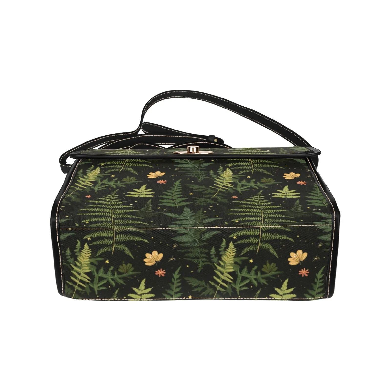 Fern Forest Canvas Satchel bag, Boho Vintage Cottagecore Nature Waterproof Black Women Ladies Crossbody Purse Vegan Leather Strap Handbag