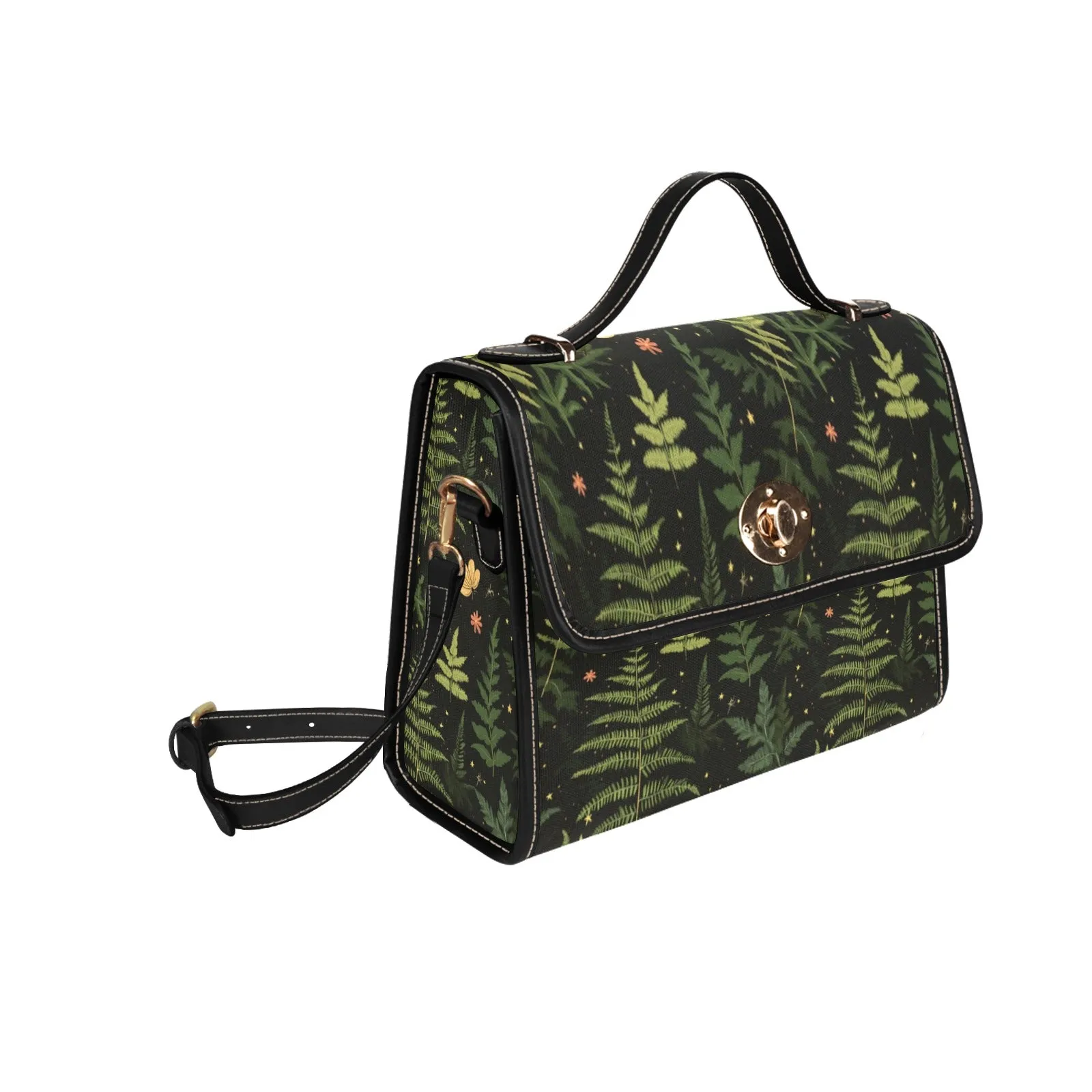 Fern Forest Canvas Satchel bag, Boho Vintage Cottagecore Nature Waterproof Black Women Ladies Crossbody Purse Vegan Leather Strap Handbag