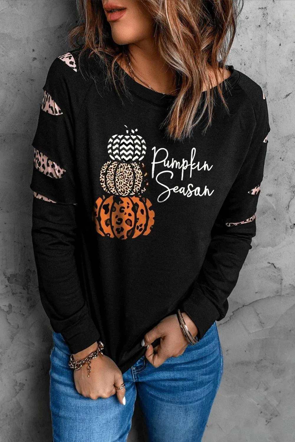 Graphic Leopard Cutout Sleeve Sweatshirt Pumpkin Season 2022